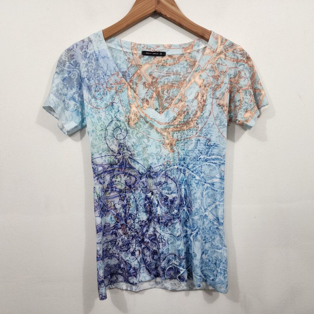 Nally & Millie V-Neck Top Womens XS Blue Gold Abstract Swirl Print Tee Shirt